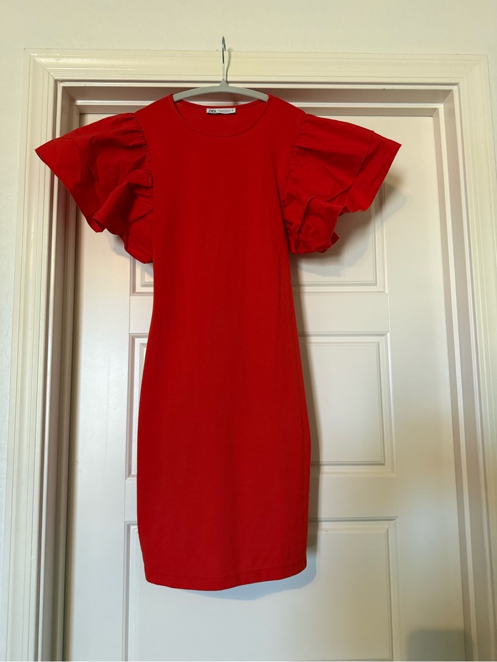 Zara Red Crewneck Shift Dress with Flutter Detail